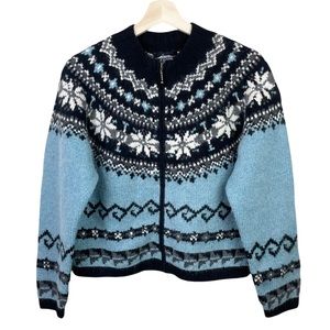 Vintage Y2k Jacket Small Wool Angora Fair Isle Icelandic Design Blue Nordic